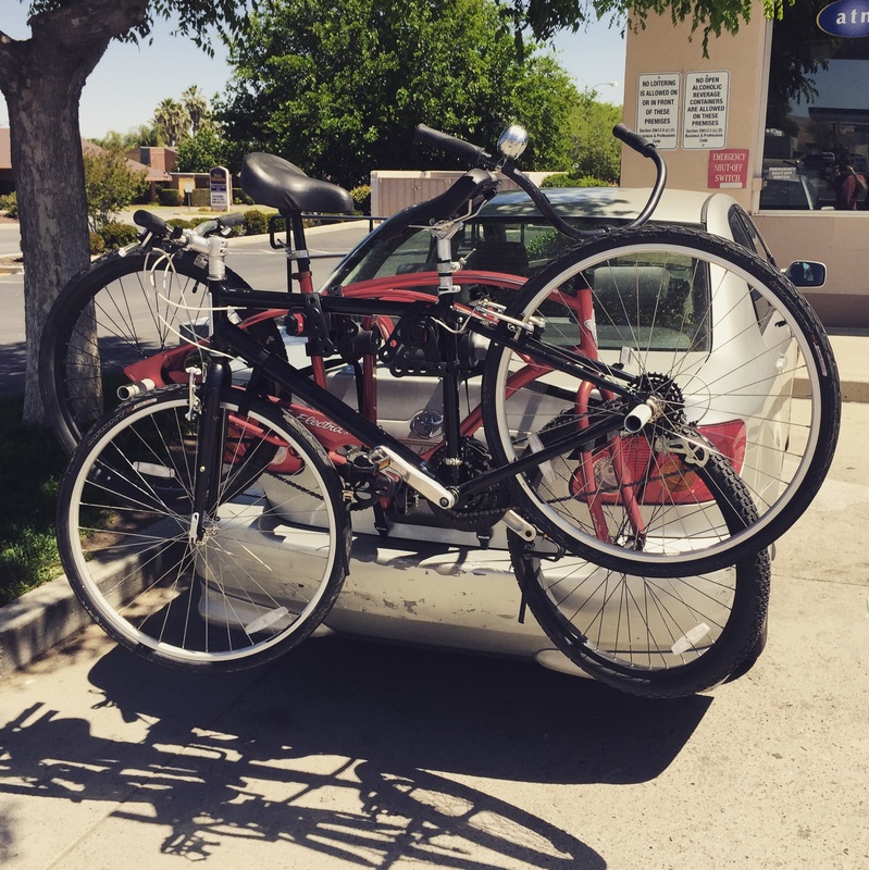 bikes on the back of the car on the way to coachella 2015