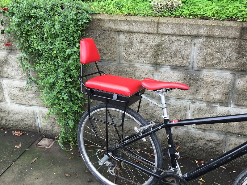 red leather companion bike seat and backrest in front of a brick wall