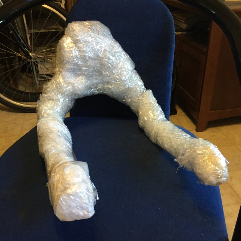 bike seat backrest prototype wrapped in bubble wrap